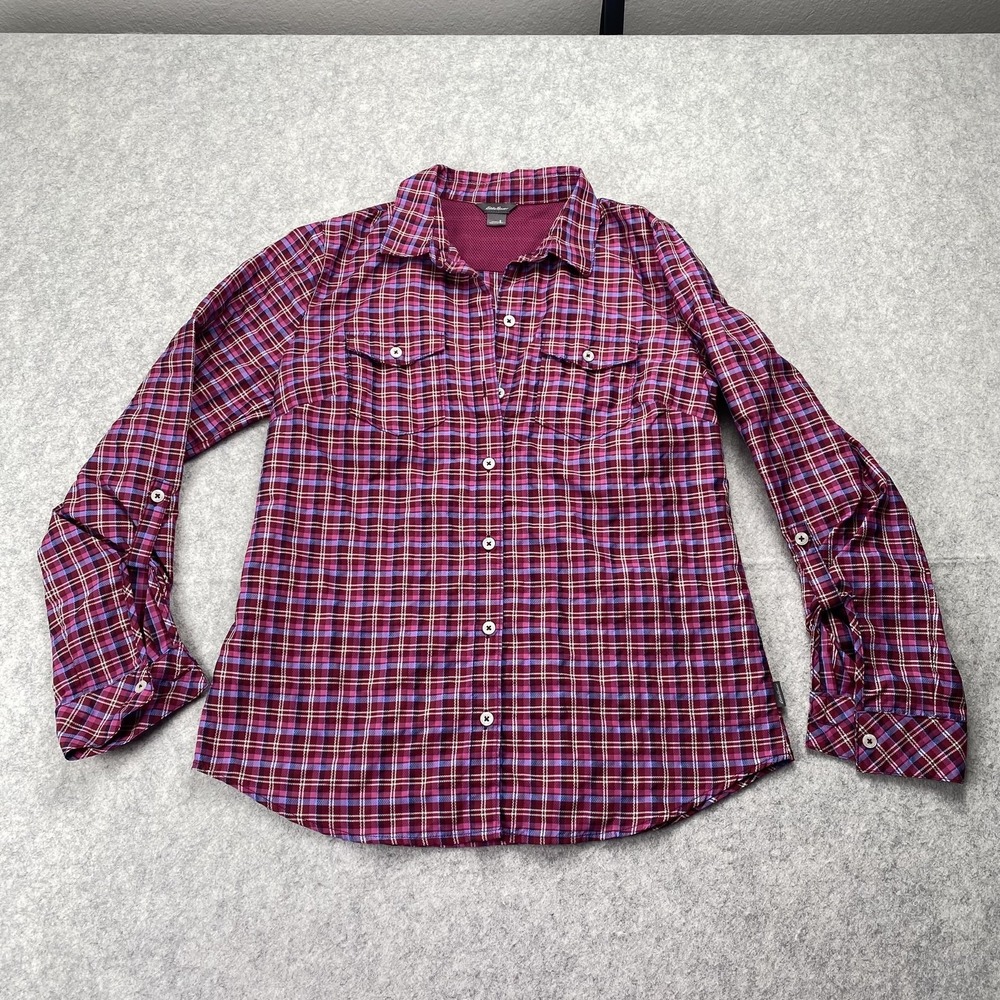 Eddie Bauer Button Up Shirt Womens Small Red Plaid Long Roll Tab Sleeve Top